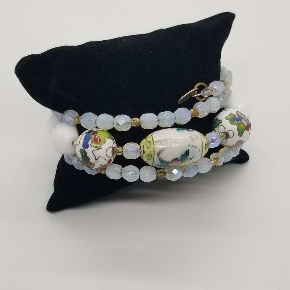 Lenore Solmo memory wire wrap bracelet milky glass beads and painted beads